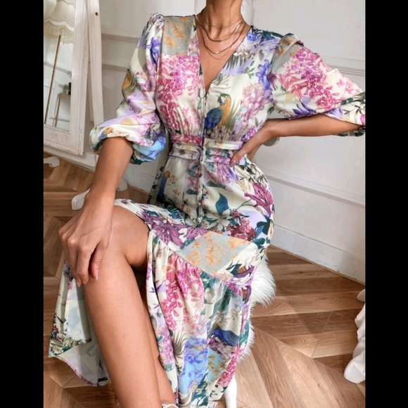 Floral Animal Print Split Thigh Midi Dress - Picture 6 of 9